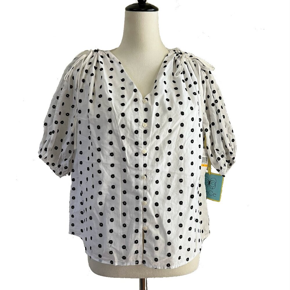 NWT CeCe Eyelet Puff Sleeve Button Blouse Embroidered White and Black Floral S
